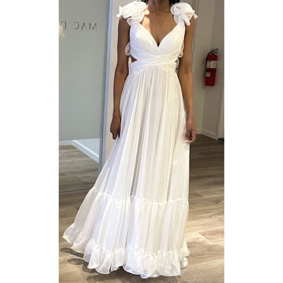 MAC DUGGAL Rosette Chiffon Cutout Empire Waist Gown in White Size US 8 - Picture 1 of 12